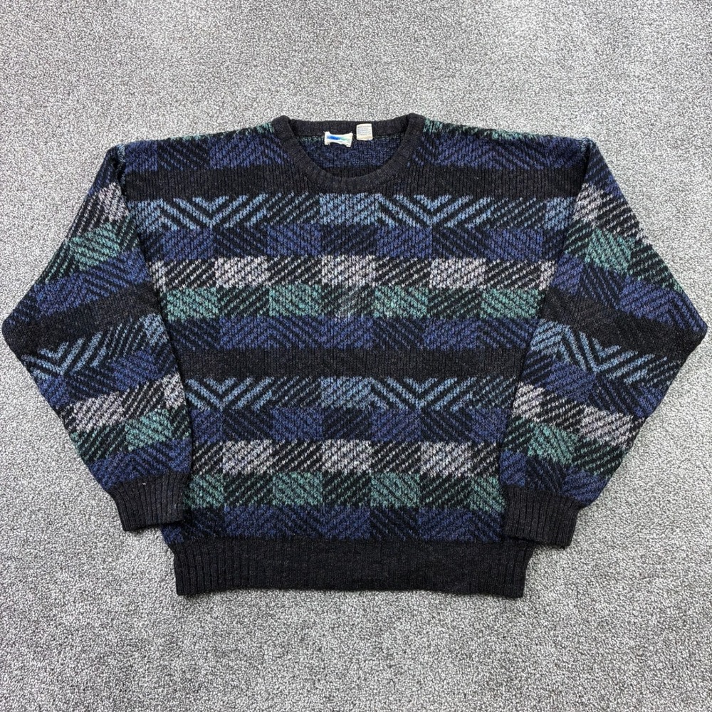 Vintage Boundary Waters Sweater Mens XL Blue Black Acrylic Knit Geometric